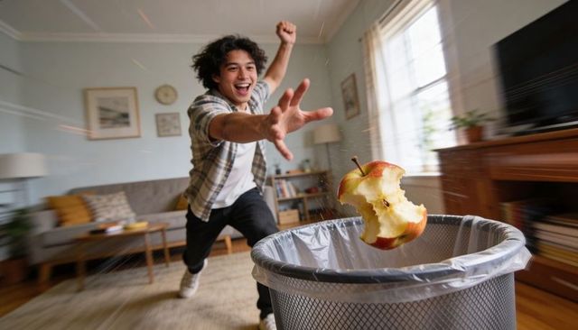 Lunging teen reaching for flying half-eaten apple over mesh waste bin in living room