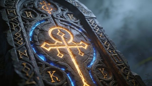 Glowing runic monolith with looped cross and blue veins misty forest low-angle close-up