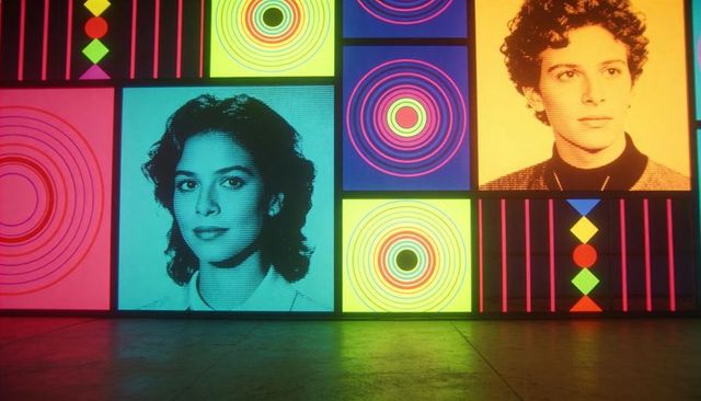 Showcasing retro pop-art portrait grid with neon circles and vibrant colorblock panels