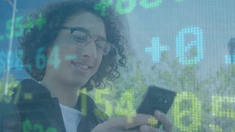 Young Man Using Smartphone with Overlaid Stock Market Data