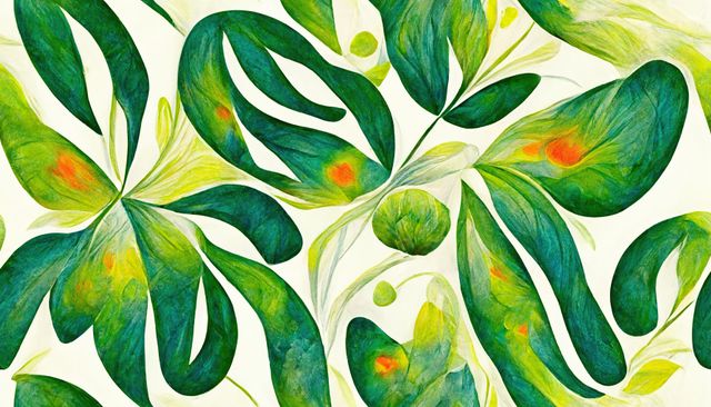 This abstract botanical pattern features vibrant green leaves with creative organic shapes and decorative elements. Ideal for use in textile design, wallpaper, stationery, packaging, or digital backgrounds. The seamless design makes it perfect for continuous applications, enhancing any product with a touch of nature and artistic flair.