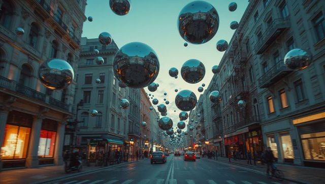 Floating Reflective Spheres on Urban Street at Twilight
