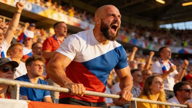 Passionate fan shouting in red white blue shirt cheering at stadium rail during golden hour