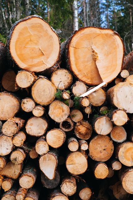 Stack of freshly cut wooden logs in forest showcasing natural wood texture. Perfect for use in articles and graphics related to forestry, sustainable logging practices, woodworking, or as a background image for nature and outdoor-themed projects.