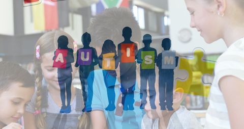 Autism Awareness: Children Collaborating with Puzzle Motif - Download Free Stock Images Pikwizard.com