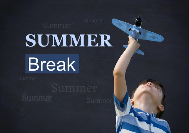 This image captures a young boy playing with a toy airplane against a blackboard with the text 'Summer Break'. The dark background and educational theme suggest a sense of freedom and imagination that summer vacations bring. This image is perfect for use in educational campaigns, summer camp promotions, or advertisements emphasizing childhood fun and creativity.