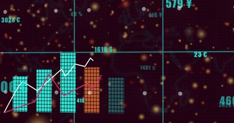 Displaying tiled bar charts with overlaid trend lines and glowing data points on dark grid dashboard