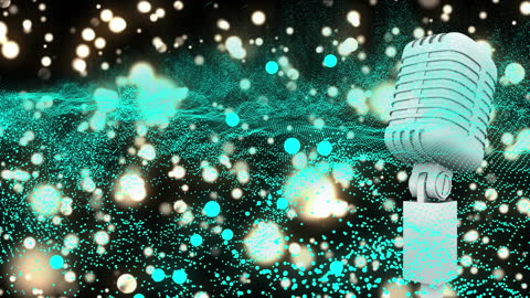 Vintage Microphone in Dreamy Cosmic Setting with Digital Wave