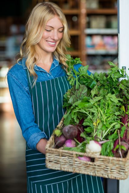 Smiling female staff holding a basket of fresh vegetables in supermarket