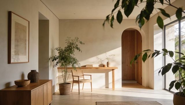 Sunlit minimalist home workspace featuring wooden desk, woven chair and tall potted plant