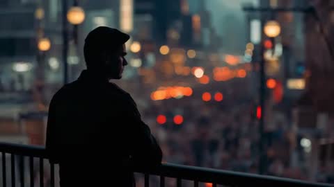 Leaning Hooded Figure Watching Urban Traffic at Dusk with City Bokeh Lights