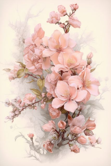 Pink flowers gently blossoming on a delicate branch, creating a serene and romantic scene perfect for springtime themes. Ideal for use in greeting cards, wedding invitations, floral designs, and nature-themed projects.
