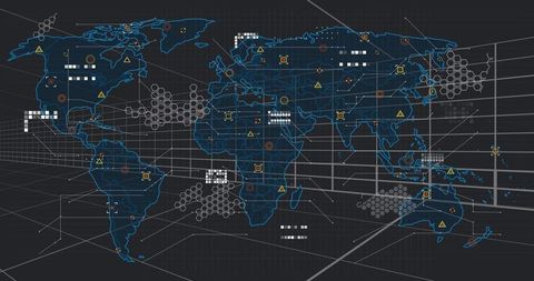Neon Network World Map with Hexagonal Clusters and Geospatial Analytics Dashboard