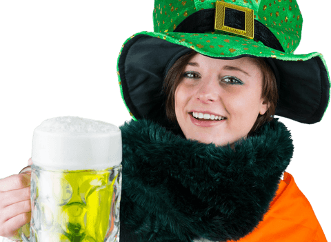 Smiling woman in green hat holding beer celebrating st. Patrick's day