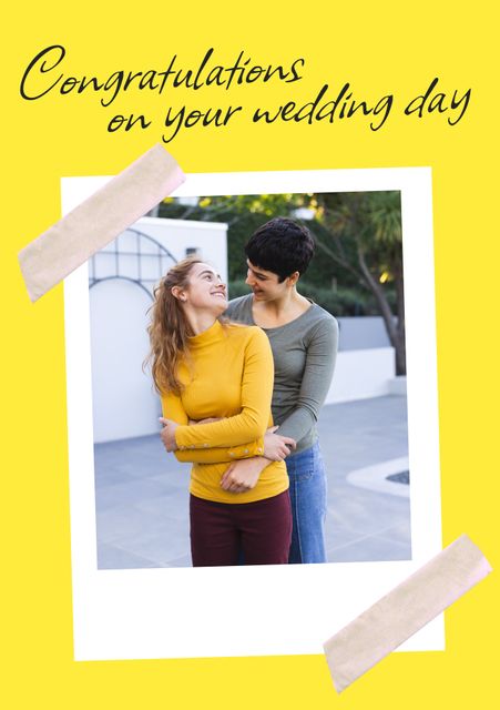 A cheerful couple is seen embracing in this heartwarming wedding day scene, with a bright yellow background conveying positivity and joy. The image is perfect for use in wedding congratulations cards, announcements, or celebratory advertisements that aim to spread happiness and love.