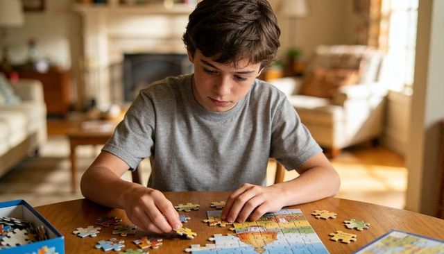 Teen boy assembling lighthouse jigsaw puzzle at cozy living room table, focusing on pieces