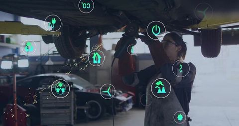 Mechanic Operating Angle Grinder with Digital Icons Overlayed