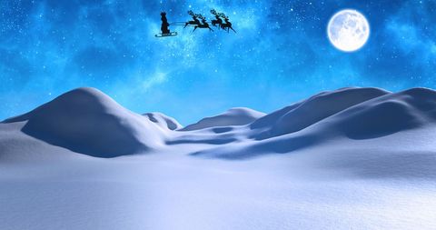 Santa Claus Sleigh and Reindeer in Moonlit Night Sky