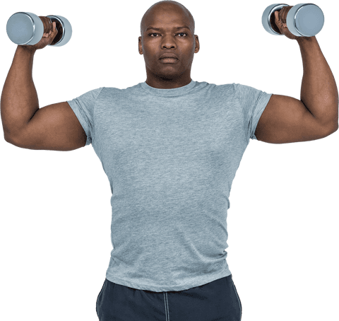 Strong male athlete lifting dumbbells with transparent background