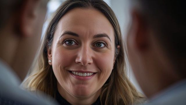 Confident young woman smiling between colleagues during friendly conversation close-up