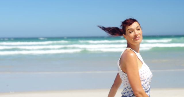 Happy Woman Walking on Beach in Summer - Download Free Stock Images Pikwizard.com