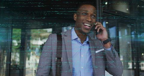 Smiling Businessman Holding Smartphone With Digital Glitch Overlay