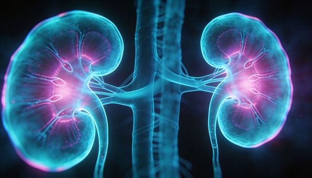 Neon glowing kidneys highlighting renal arteries, veins and ureters in 3d visualization