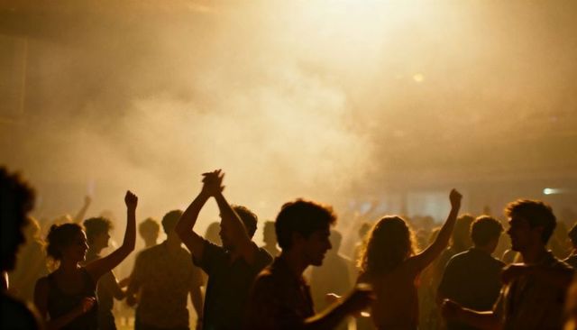 Golden backlit dance floor crowd swaying in hazy nightclub atmosphere moody nightlife mood