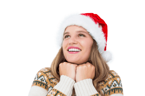 Smiling Woman with Santa Hat on White Background Transparent