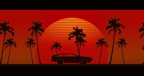 Retro Car Driving Scene with Palm Trees and Orange Sunset