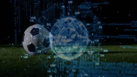 Soccer Ball on Grass with Digital Data and Globe Overlay