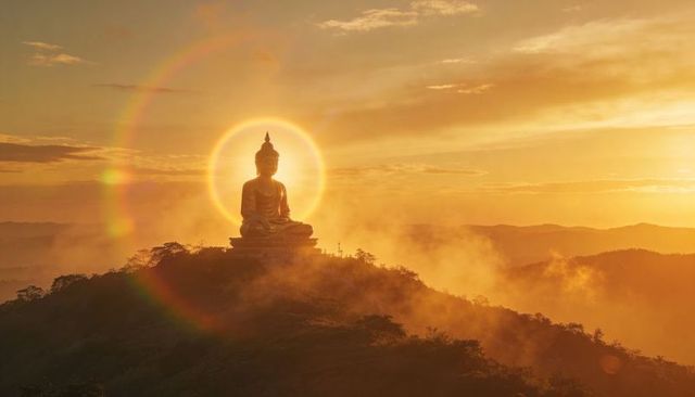 Golden buddha silhouette glowing with sun halo on misty mountain sunrise panorama