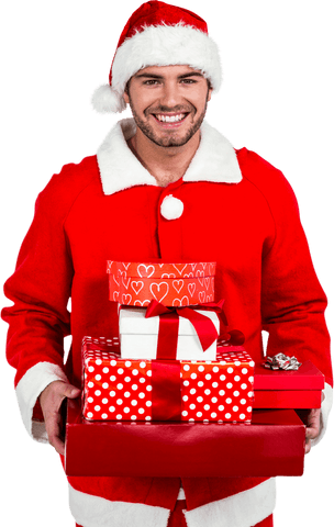 Joyful Santa with Colorful Gift Boxes Transparent Background