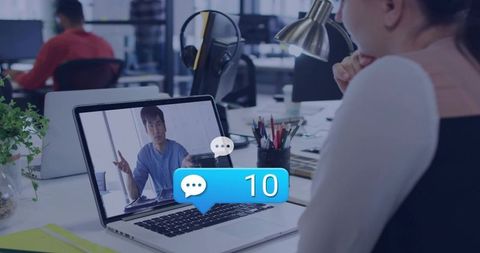 Remote meeting presenter gesturing with rising chat notifications boosting productivity