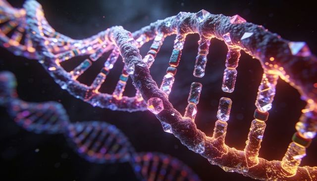 Glassy dna double helix rotating and glowing with iridescent crystalline base pairs