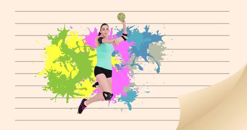Dynamic Female Handball Player Against Colorful Splashes