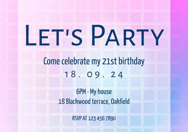 Perfect for 21st birthday celebration invitations. Uses a vibrant gradient background to create a joyful and festive atmosphere. Includes important event details such as date, time, location, and RSVP information. Ideal for social media invites, digital cards, or printed invites.