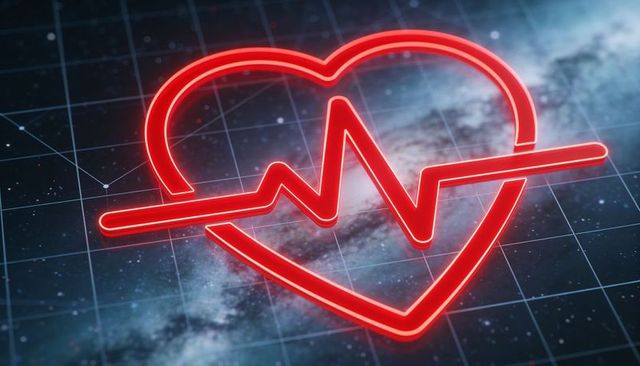 Glowing neon heart ecg waveform over galaxy grid futuristic cardiac technology concept