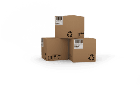 Stacked transparent boxes with shipping icons on black background