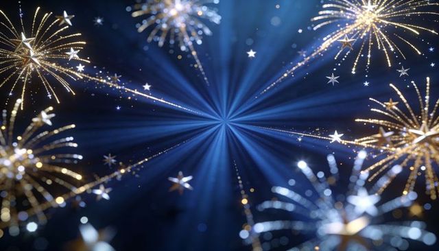 Radiating blue starburst with gold and silver firework trails celebrating festive nights