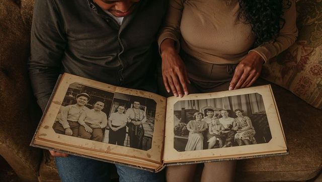 Couple flipping vintage family album on patterned sofa, nostalgic heritage moment
