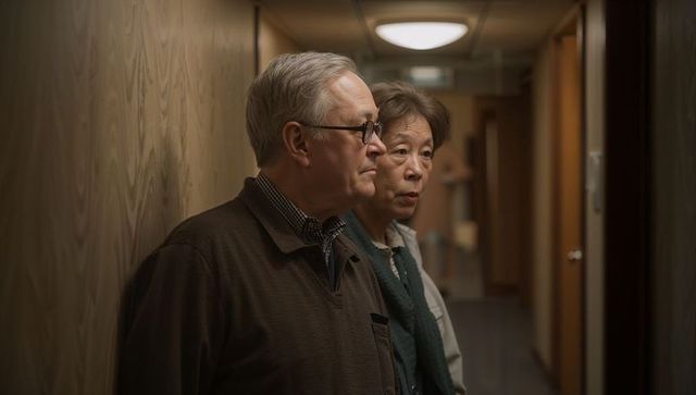 Senior couple standing in narrow wood corridor, watching ahead with thoughtful expressions