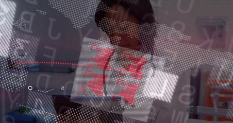 Female scientist studying digital data on laptop with augmented reality map overlay