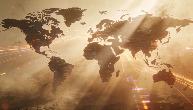 Global network visualization with glowing data trails over vintage sepia world map