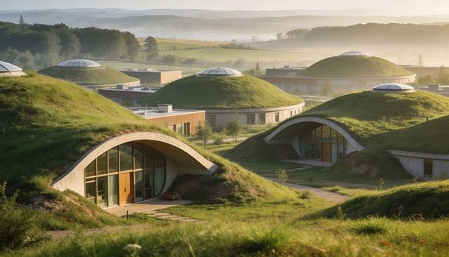 Earth-sheltered eco campus featuring curved grass-roof domes and glazed arch entrances