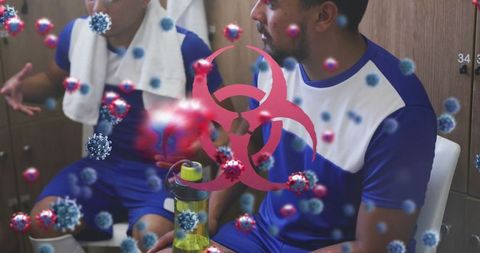 Football Players in Locker Room with Virus Overlay