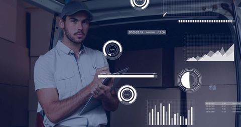 Delivery driver checking tablet with hud analytics in cargo van for inventory dispatch