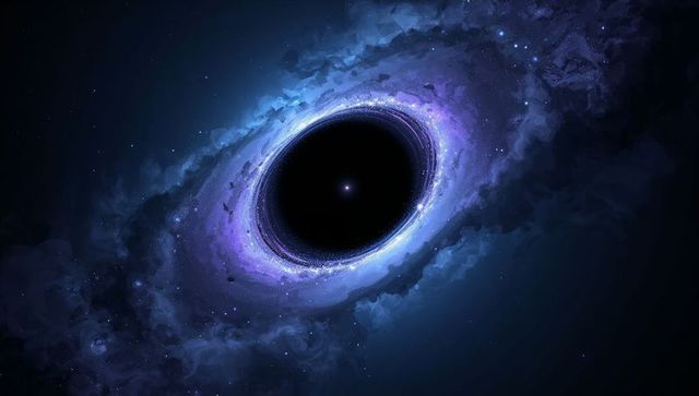Violet spinning black hole with luminous accretion disk and cosmic nebula deep space vortex