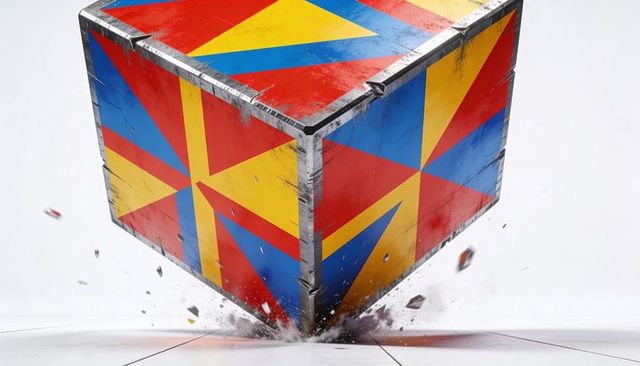 Painted geometric cube colliding with floor, explosive color burst and metal debris