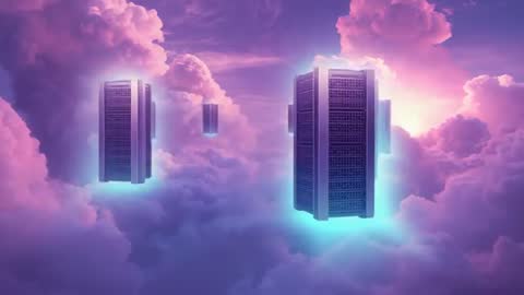 Futuristic Servers Floating Above Majestic Clouds